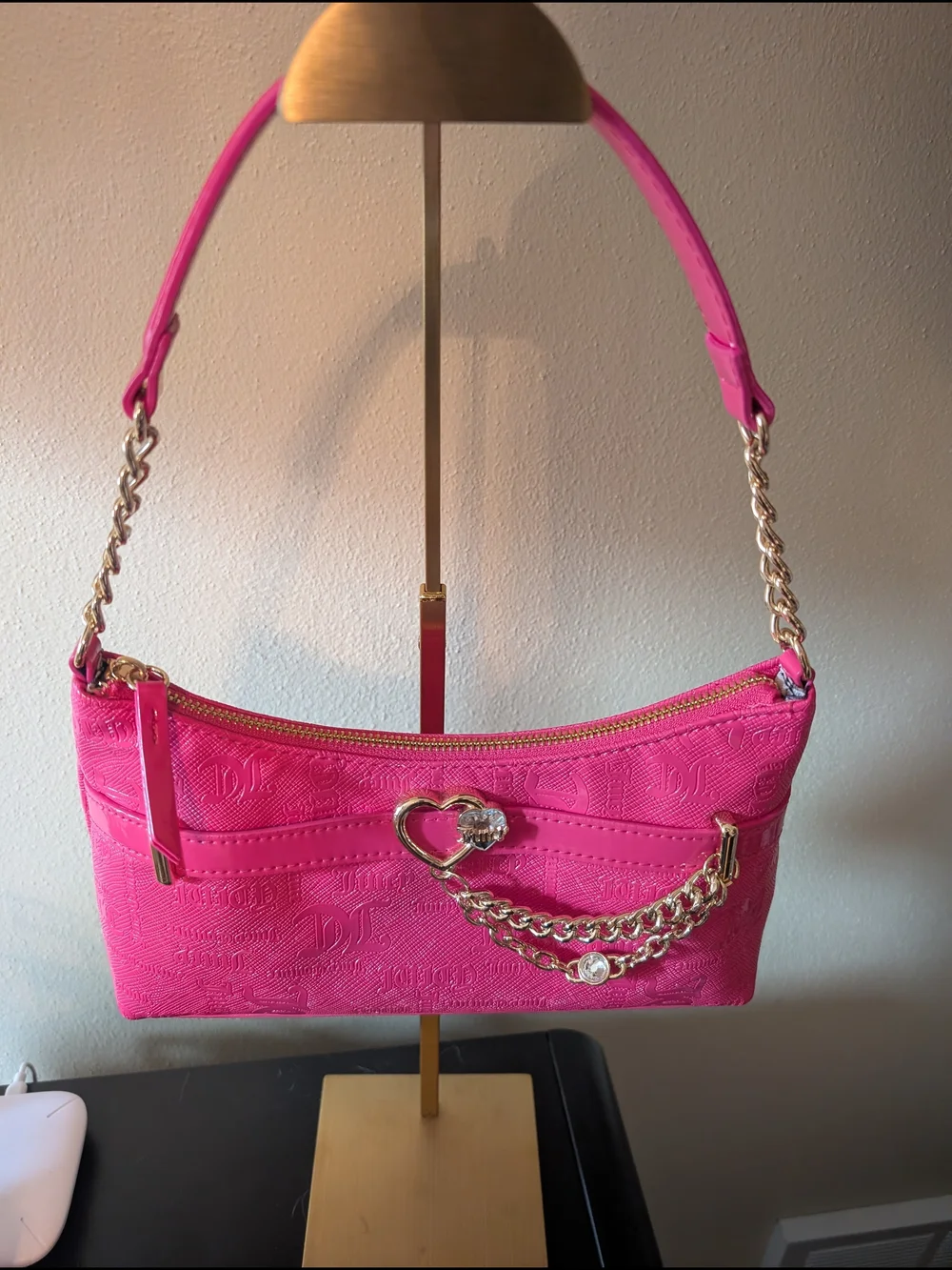 Juicy Couture Hot Pink Shoulder Bag with Heart Chain Detail